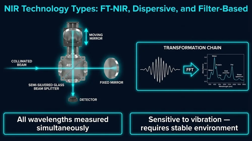 Side-by-side comparison of FT-NIR, dispersive NIR, and filter-based NIR instruments showing spectral range and typical food industry applications