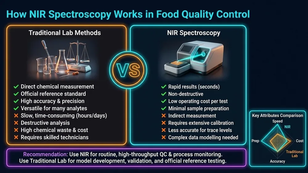 Step-by-step diagram showing how NIR spectroscopy works in food quality control, from sample introduction through spectral data collection to composition prediction