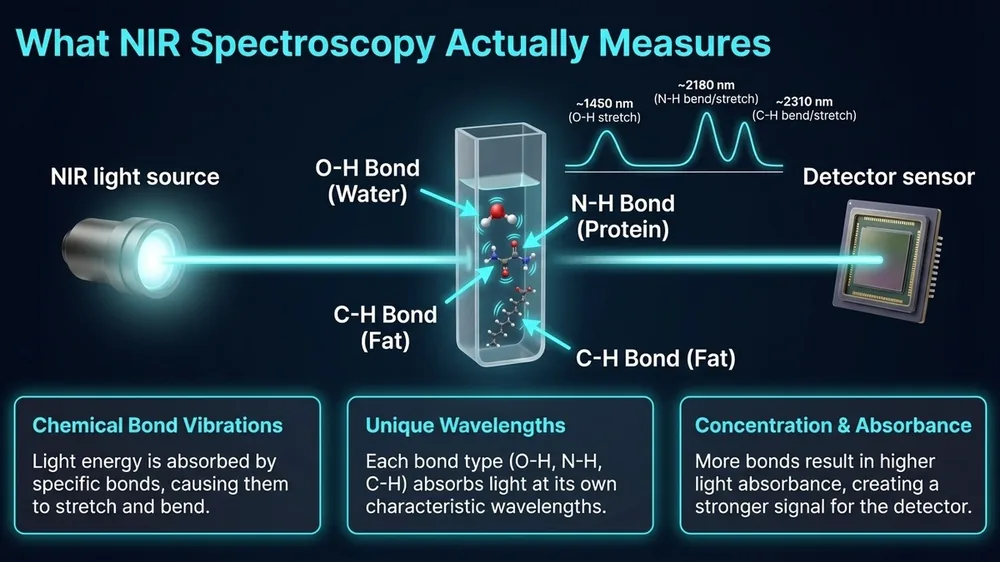 Diagram showing NIR spectroscopy measuring O-H, N-H, and C-H bond absorption in food samples to determine moisture, protein, and fat content