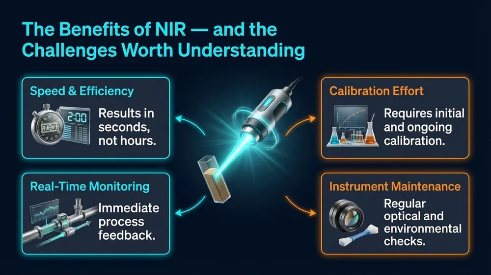 Diagram comparing NIR spectroscopy benefits such as speed and low cost against implementation challenges including calibration development and matrix effects