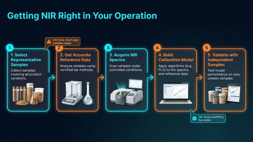 Diagram showing the implementation steps for NIR spectroscopy in food quality control, including sample collection, reference method analysis, calibration development, and ongoing validation