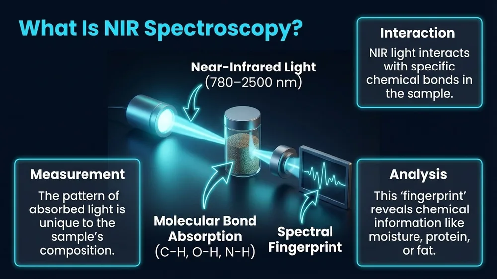 Diagram showing NIR light wavelengths interacting with grain sample molecules, showing the absorption principle behind NIR spectroscopy.