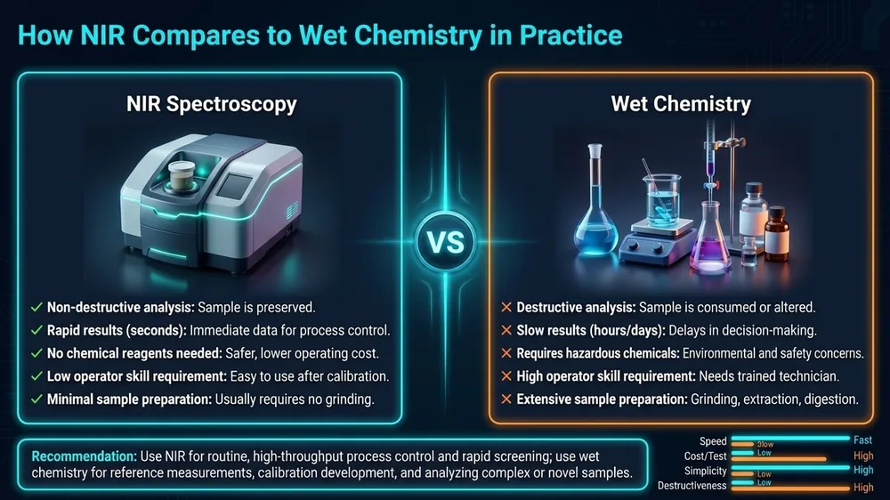 Side-by-side workflow diagram comparing NIR spectroscopy analysis and traditional wet chemistry testing for food and feed quality control.