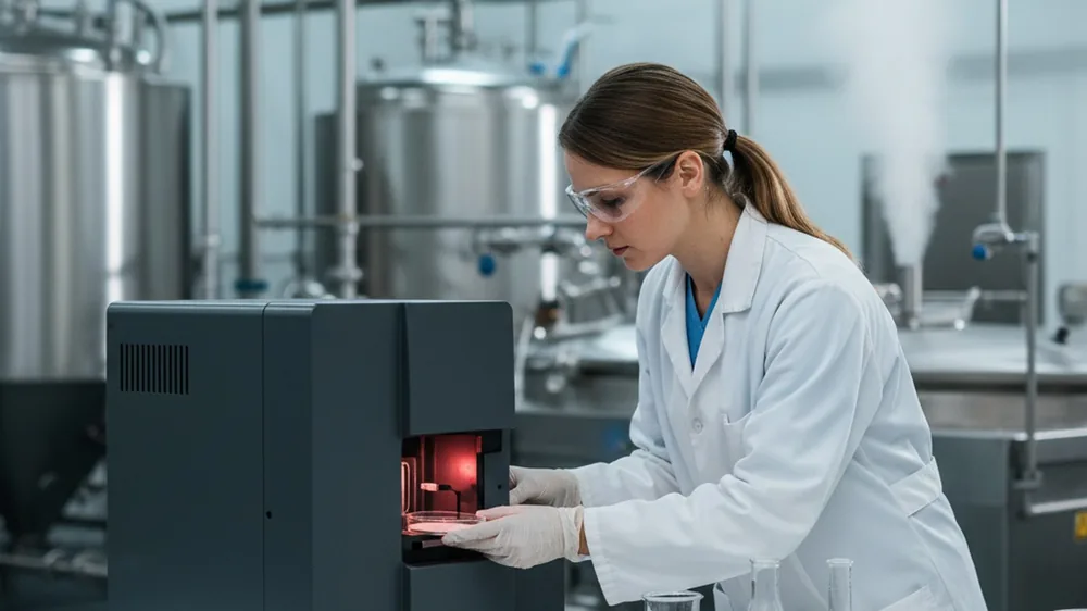 NIR grain analyzer measuring moisture and protein content of incoming grain at a feed mill intake station
