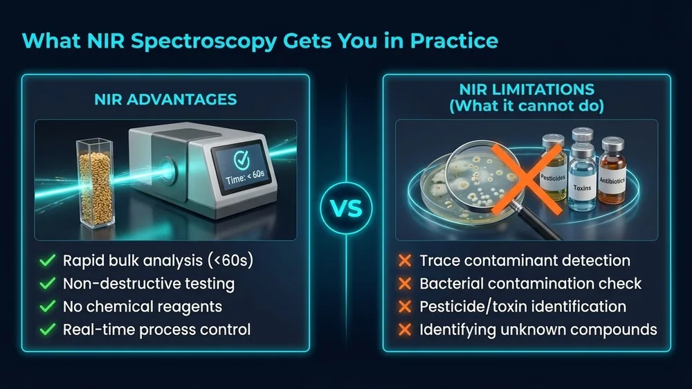 NIR spectroscopy workflow diagram showing how grain and feed quality data is generated from a single scan using chemometric analysis