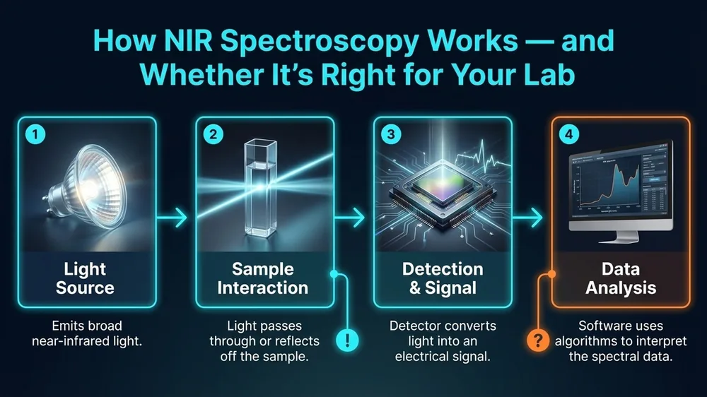 Annotated NIR spectroscopy diagram with labeled components showing light source, sample interaction, detector, and signal output on a dark navy background