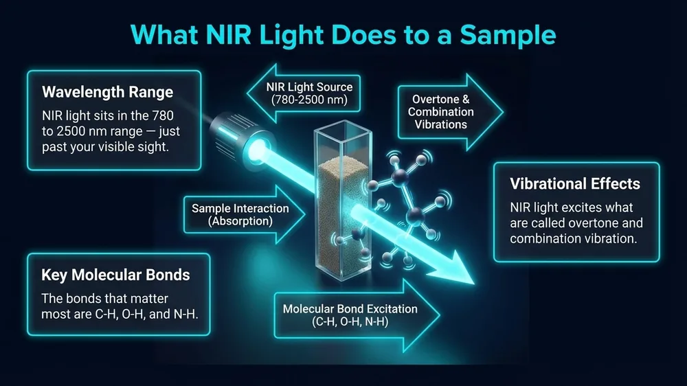 Diagram showing how NIR light interacts with a food sample, with arrows indicating absorption into molecular bonds and reflected light reaching the detector