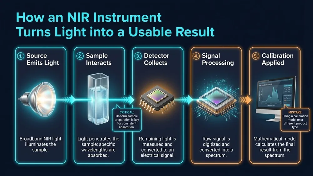 Diagram of NIR instrument signal flow showing light source, sample cell, detector array, and spectrum output used to generate protein and moisture readings