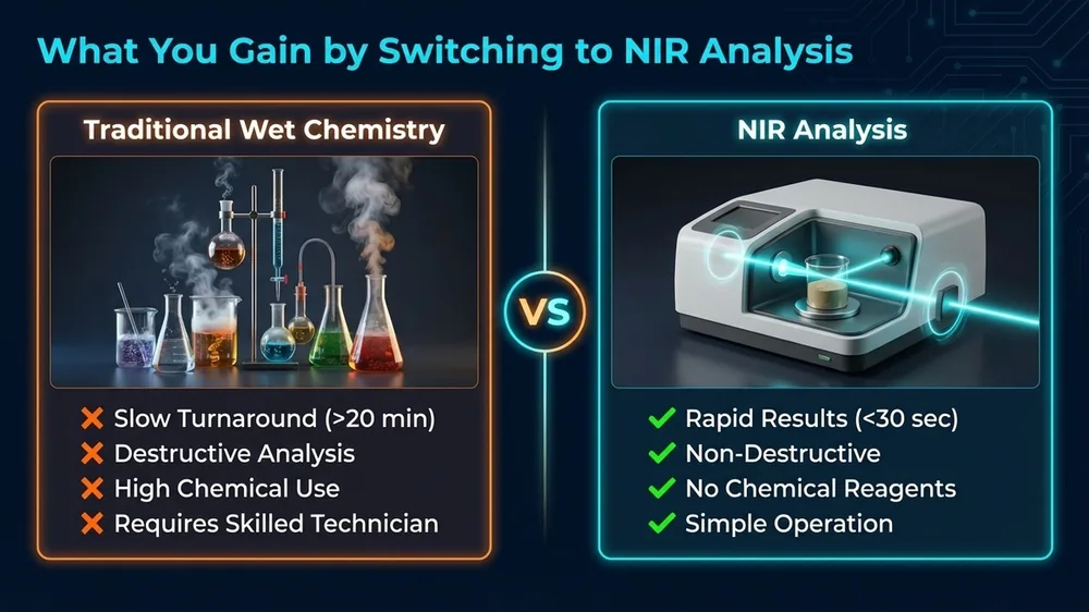 Side-by-side comparison diagram showing wet chemistry analysis requiring 20 minutes versus NIR spectroscopy delivering results in under 30 seconds for moisture, protein, and fat in food and feed samples