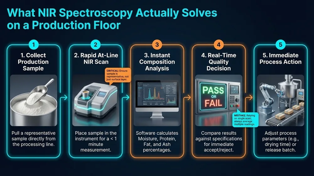 NIR spectroscopy workflow diagram showing rapid quality analysis for grain and feed batches on a production line.