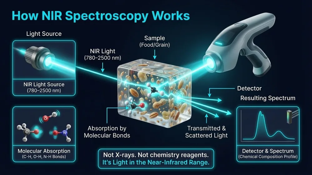 Diagram showing how NIR spectroscopy works, from light source through sample interaction to chemical data output.