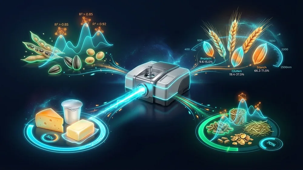 NIR spectroscopy data visualization showing fatty acid, oil, protein, gluten, and starch analysis results for grain and oilseed quality control