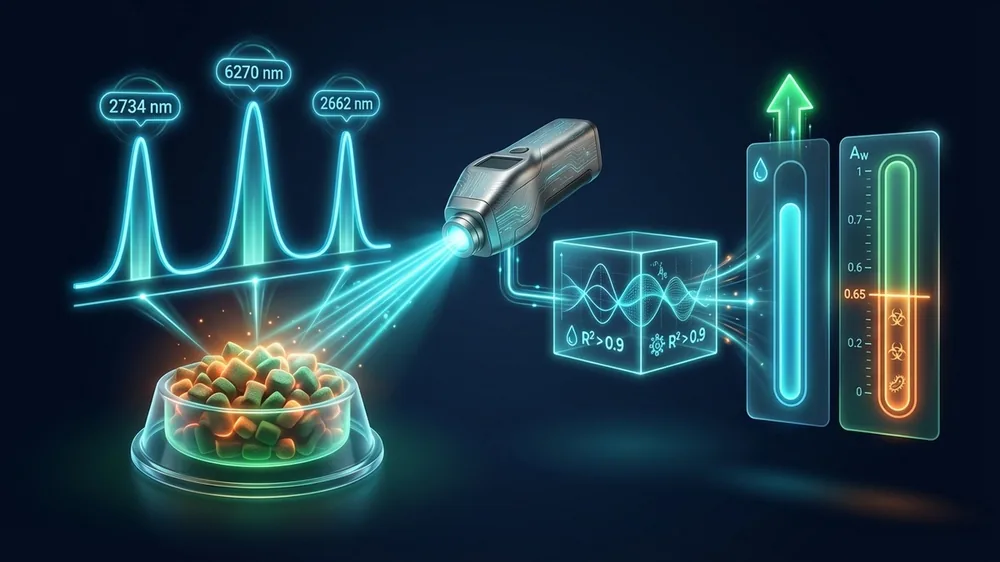 Diagram comparing total moisture content measured by NIR spectroscopy versus water activity in pet food quality control