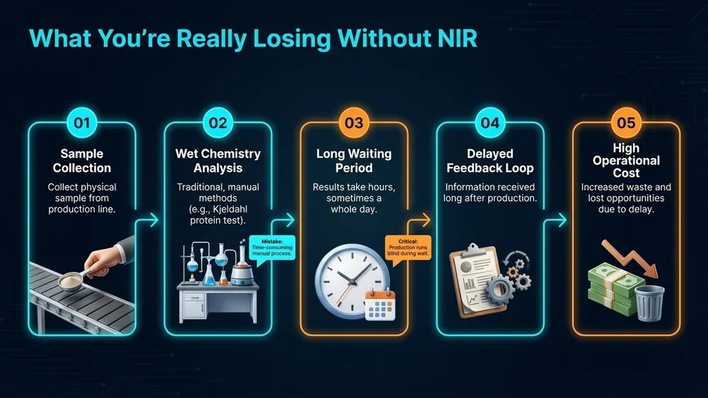Infographic comparing annual costs of NIR spectroscopy versus wet chemistry for moisture and protein analysis in feed mills