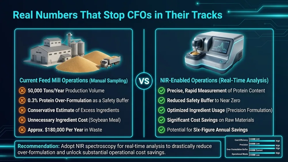 Infographic showing a worked NIR spectroscopy ROI example for a 50,000-ton feed mill, comparing over-formulation costs to NIR analyzer costs