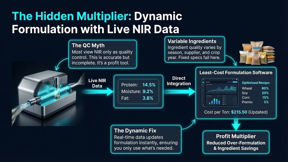 Diagram showing dynamic feed formulation using live NIR spectroscopy data, showing real-time ingredient adjustments and cost savings