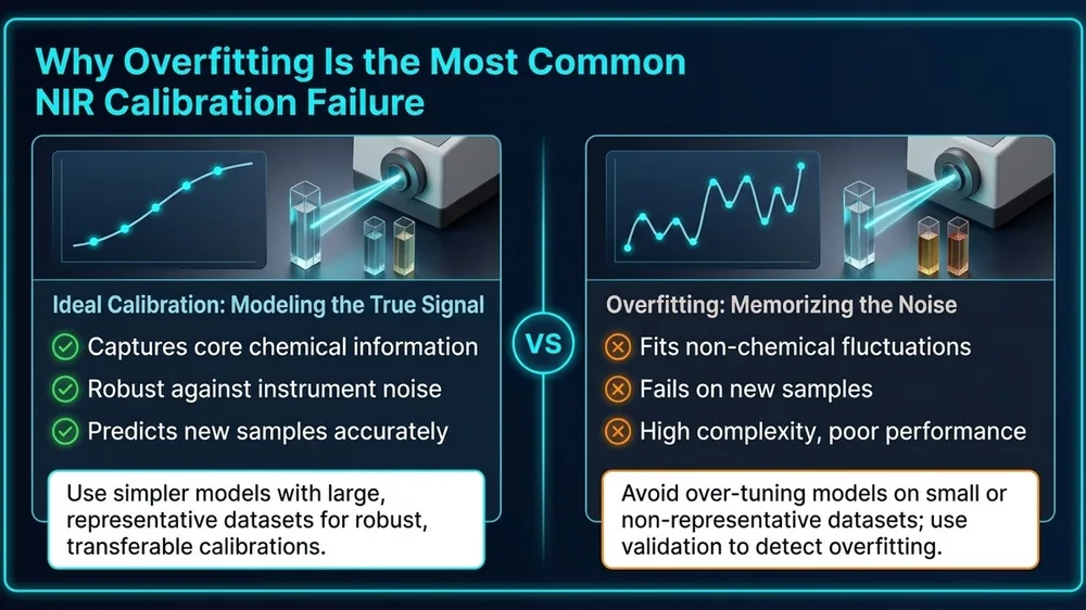 Diagram comparing an overfitted NIR calibration model versus a well-generalised model, showing how noise absorption in the training data leads to poor prediction on new samples.