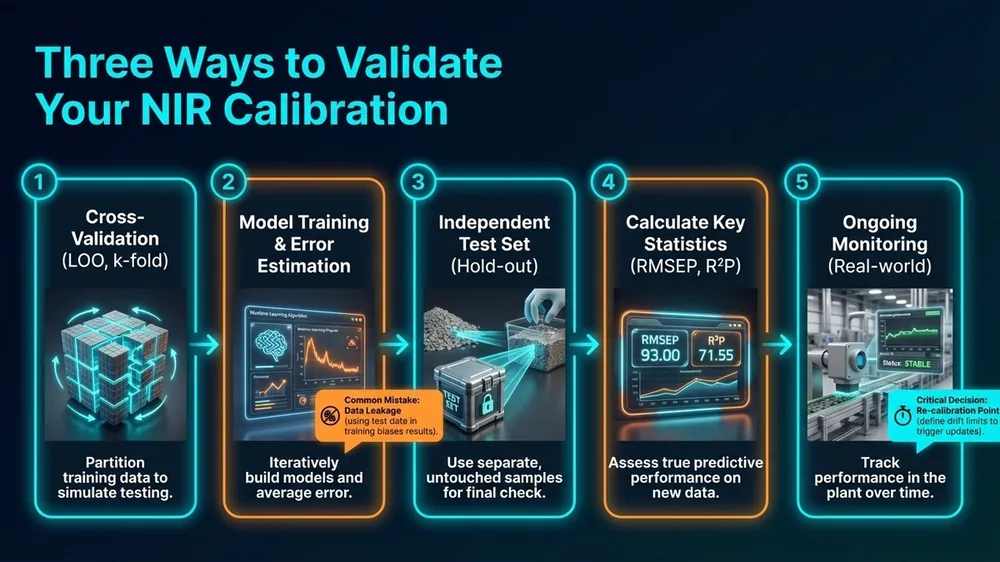 Flowchart showing three NIR calibration validation methods — cross-validation, independent test set, and external validation over time — with decision criteria for selecting each approach.