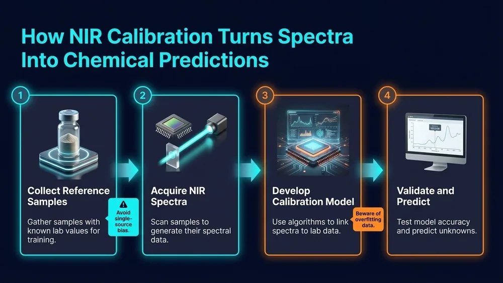 NIR calibration workflow diagram showing spectral acquisition linked to chemical reference values and model output for food and feed analysis