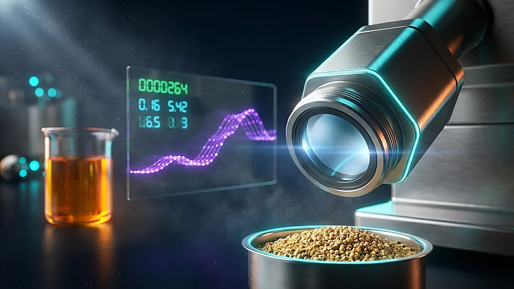 Chart showing NIR spectroscopy accuracy benchmarks for soybean meal protein, canola meal oil, and moisture in oilseed operations