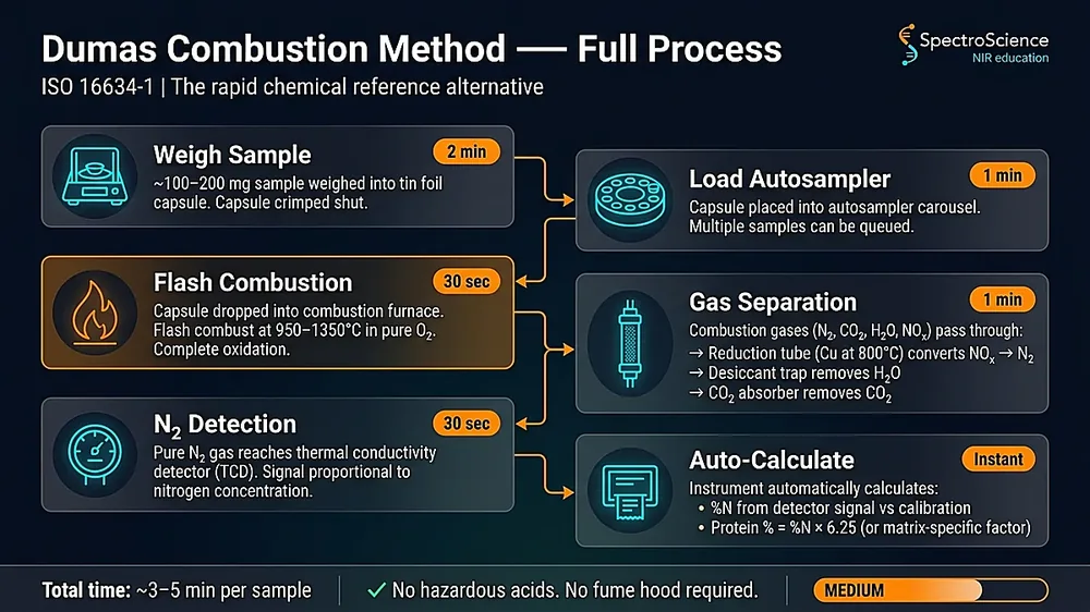 Dumas combustion analyzer process steps showing faster nitrogen analysis compared to Kjeldahl wet chemistry