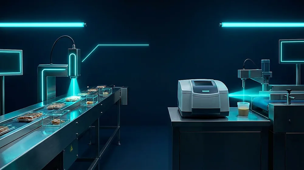 Side-by-side comparison diagram of inline NIR probe installed in a dairy pipeline versus an at-line NIR benchtop instrument used for grab sample analysis.