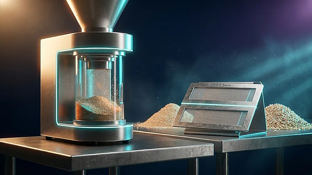 Laboratory grinder used for NIR grain sample preparation with screen size comparison
