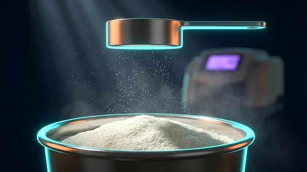 NIR powder sample cup being packed to a consistent density for skim milk powder measurement