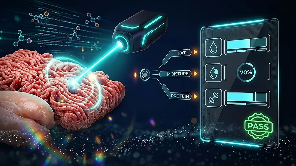 Inline NIR spectroscopy analyzer monitoring fat and protein content in meat processing