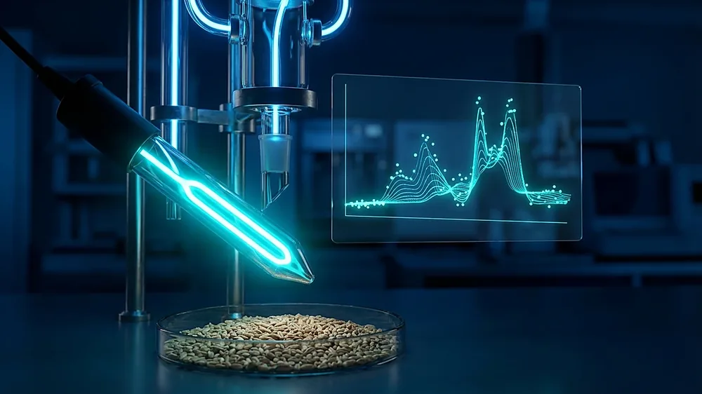 NIR calibration model development process showing reference samples and spectral data for grain analysis