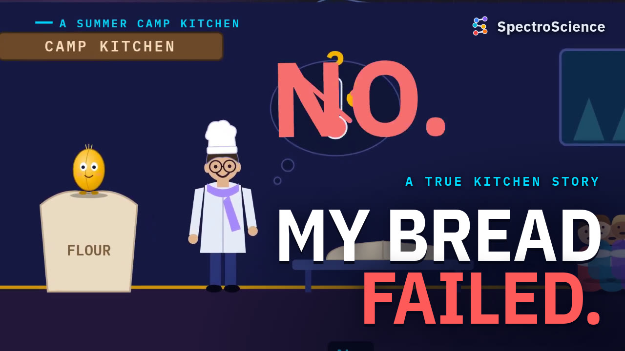 My bread failed. A chef and a kernel mascot look at a flat loaf.